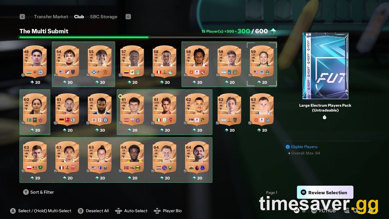FC 27 Streamlined SBC partial progress screen showing 300 of 600 Item Score submitted with remaining eligible club items below