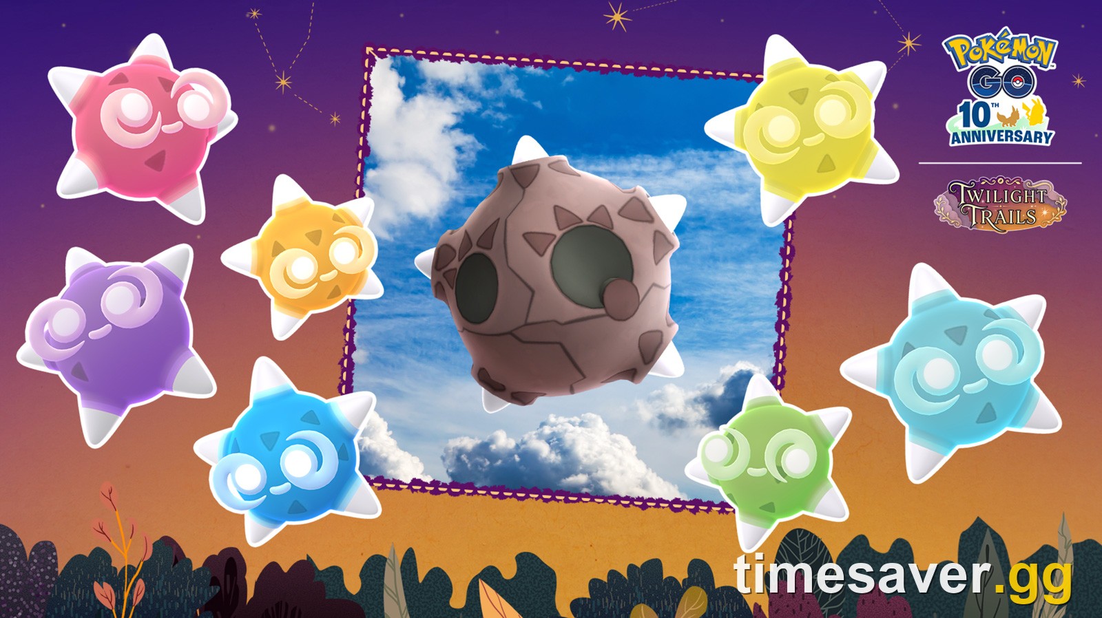 Official Minior Showers key art with Meteor Form Minior surrounded by its seven core colors
