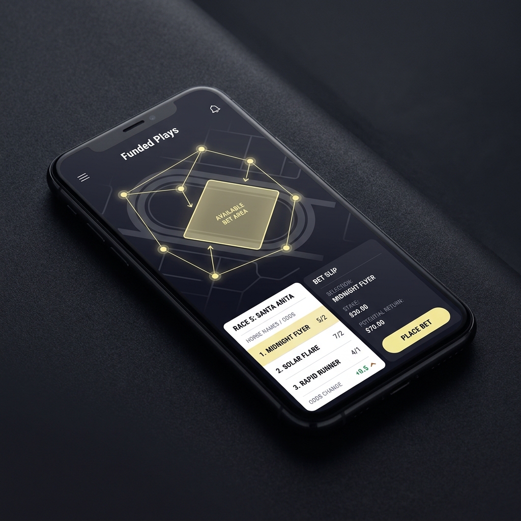 Close up mobile device showing a horse racing wagering app screen with a translucent geofence overlay map and highlighted bet slip in a dark minimalist Funded Plays palette