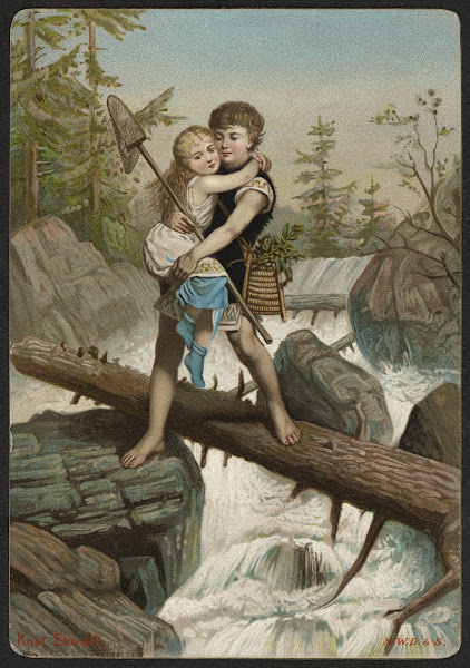 Boy carries girl across river