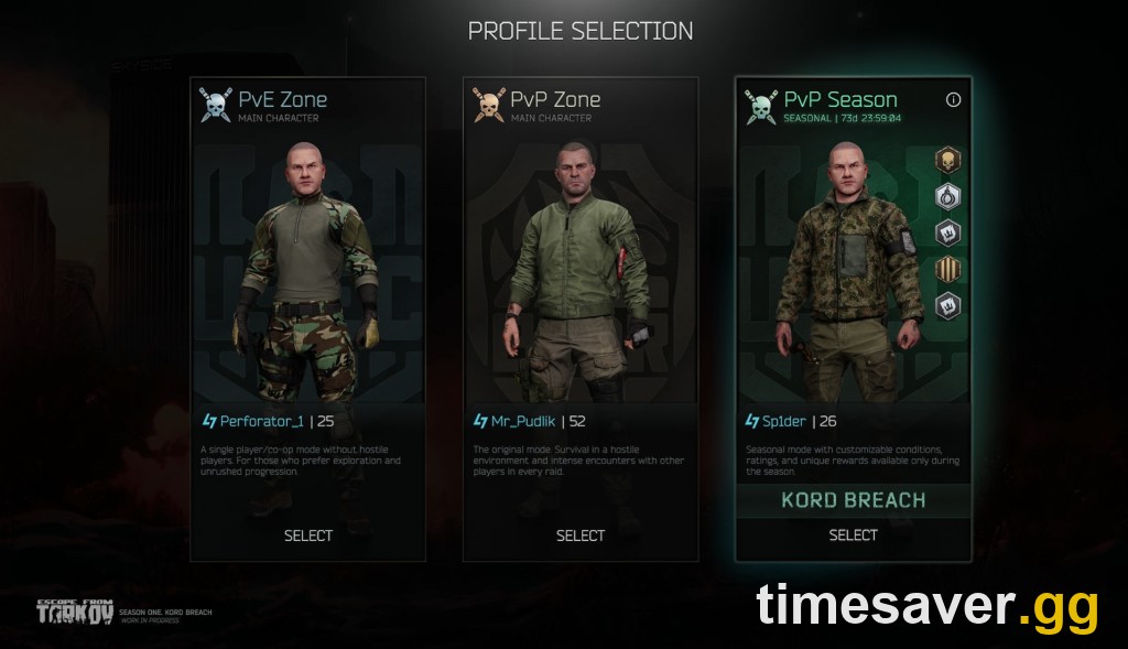 Kord Breach profile selection screen — the PvP Season "KORD BREACH" seasonal character sits alongside your main PvE and PvP zones