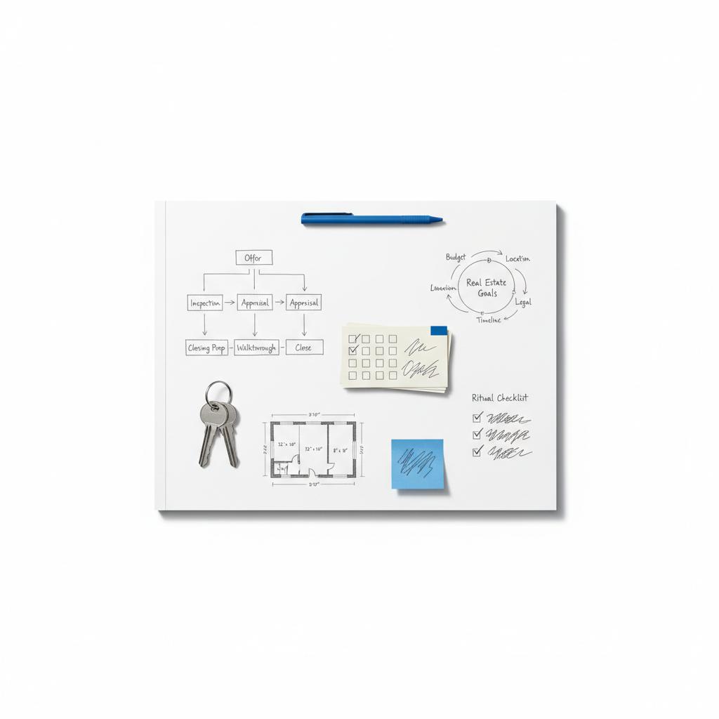 Flat-lay of real estate closing tools and hand-sketched floorplan on white desk, minimalist layout with blue-accent pen and sticky note illustrating a real estate agent mistake