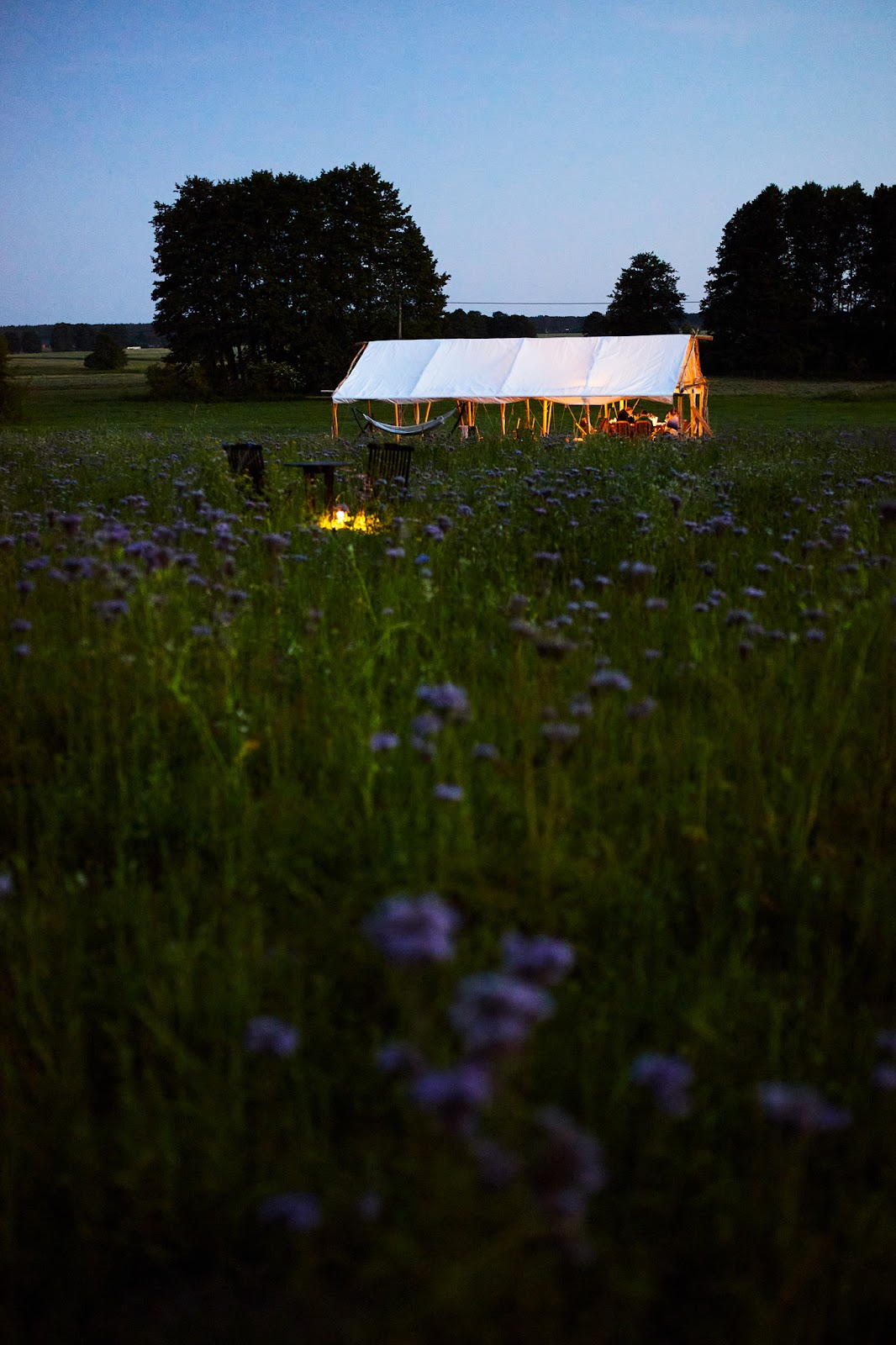 Salon przy łące — duże stoły, kanapy i grill