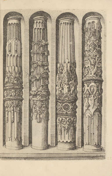 Four shafts of Ionic columns decorated with foliage mascarons grotesques and scr