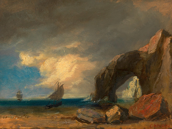 Meeresküste mit Fischerbooten Ölstudie ca 18751880