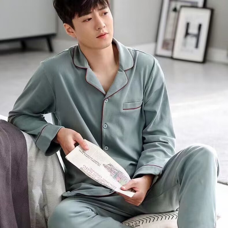 Herren-Pyjama-Set, 100% Baumwolle, langärmelig, geknöpft