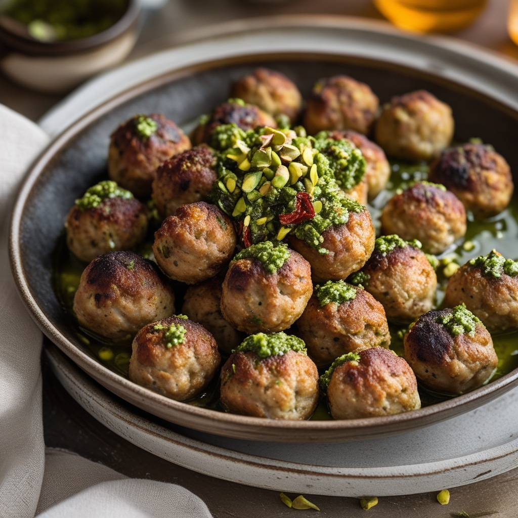 Final Crispy Baked White Bean & Sun-Dried Tomato Meatballs with Zesty Pistachio-Dill Pesto
