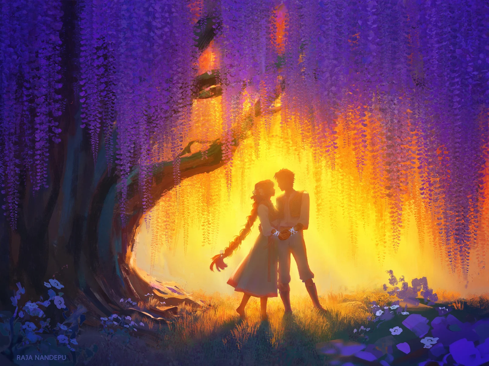 Rapunzel and Flynn Under Wisteria - Digital Fantasy Art 4K Wallpaper (3840x2880)