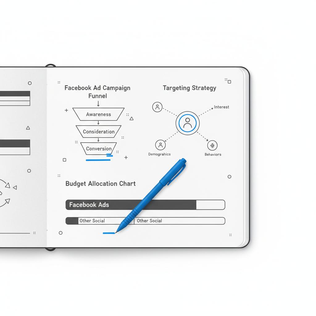 Overhead vector illustration of an open planner with flow diagrams and budget allocation charts for facebook ad budget, minimalist white desk with a #1a5bfb accent pen.