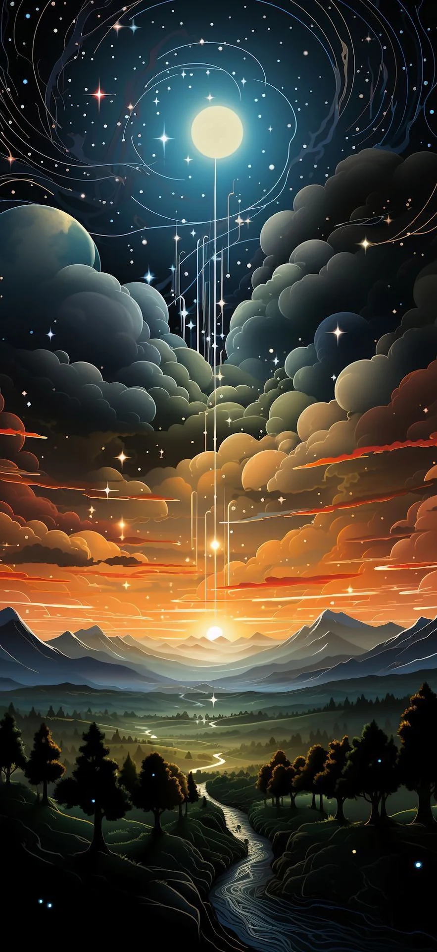 Celestial Valley Sunset Mystic Cosmic Landscape - Free 4K mobile Wallpaper