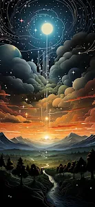 Celestial Valley Sunset Mystic Cosmic Landscape