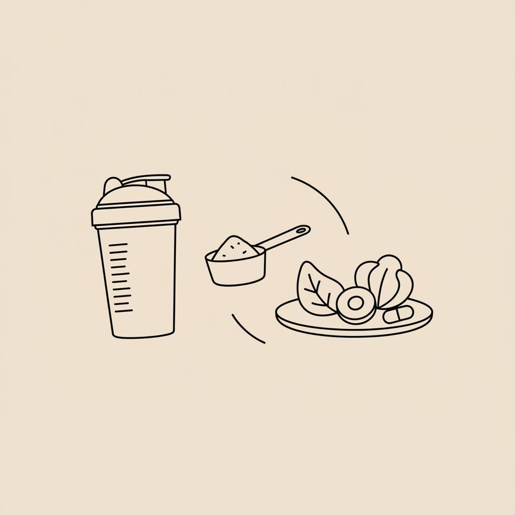 Minimal Tonum-style line illustration of a shaker bottle, powder scoop, plate with vegetables and a small capsule on a beige background — best protein shake for meal replacement