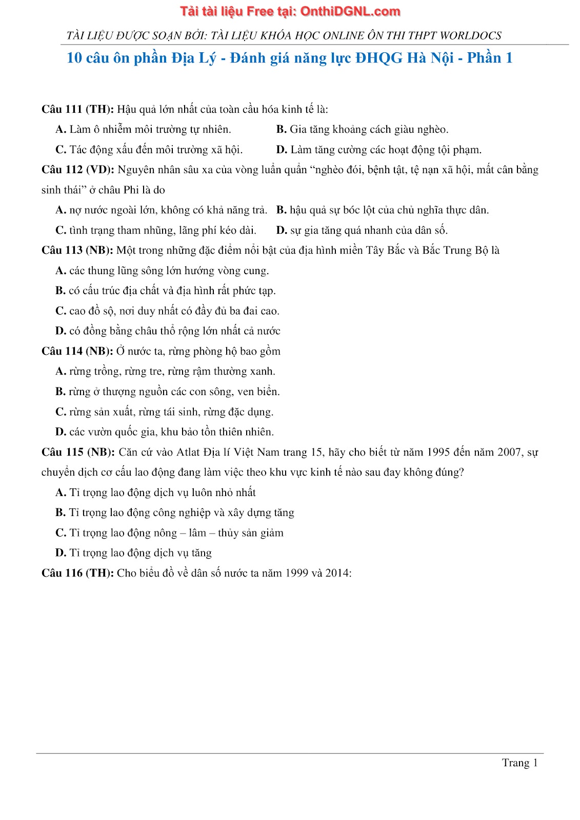 150bài tập môn Địa Lý - Ôn thi ĐGNL ĐHQG TP hà nội