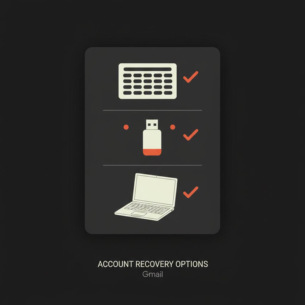 Minimal 2D vector infographic of a dark panel with a printed backup code sheet, a hardware security key, and a laptop in Social Success Hub colors for Gmail account recovery.