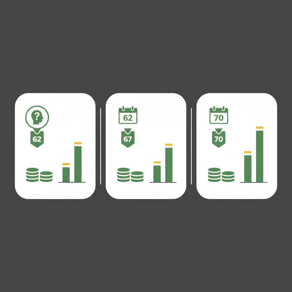 Minimalist 2D vector comparison of three Social Security claiming age scenarios using proportional bars and icons for retirement planning tips