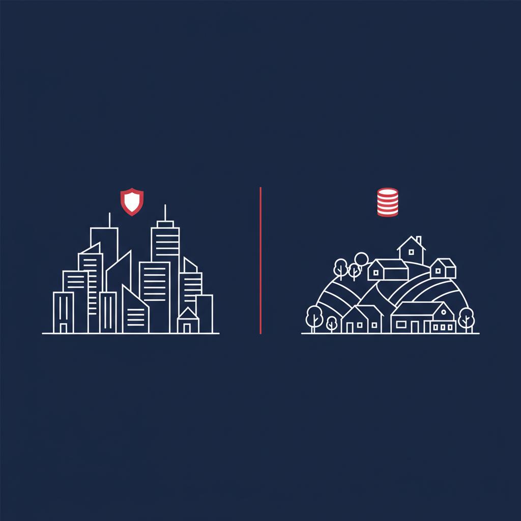Minimalist 2D vector split scene comparing city and rural town to illustrate local variation in safety and cost in least expensive states to live in the united states