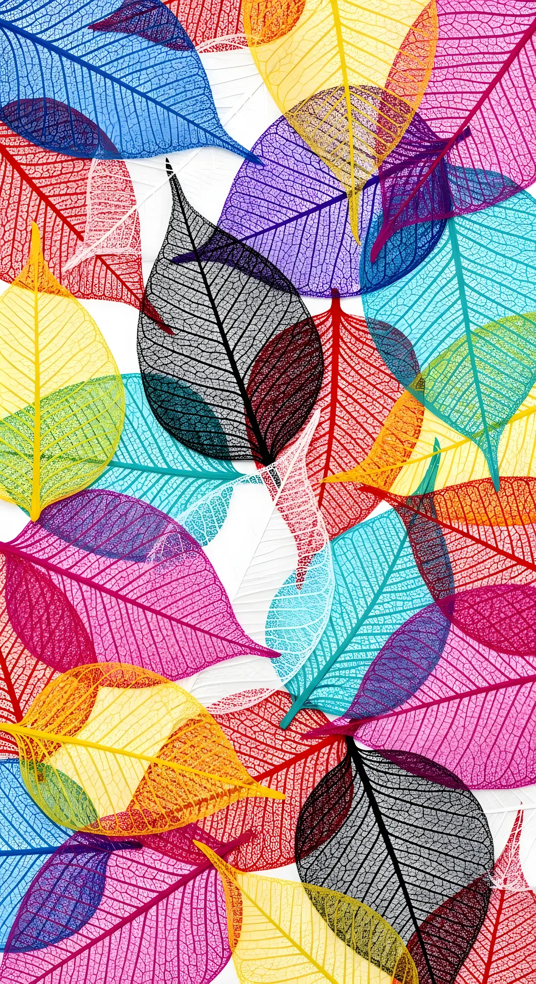 Vibrant Rainbow Skeleton Leaves Abstract Pattern Overlay - Free 4K mobile Wallpaper