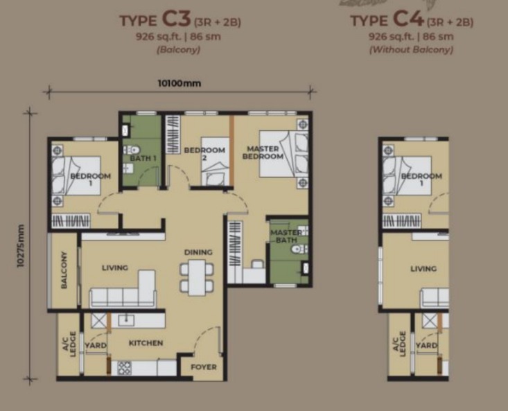 The Aldenz Type C3 floor plan — 888 sq ft, 3 bedrooms