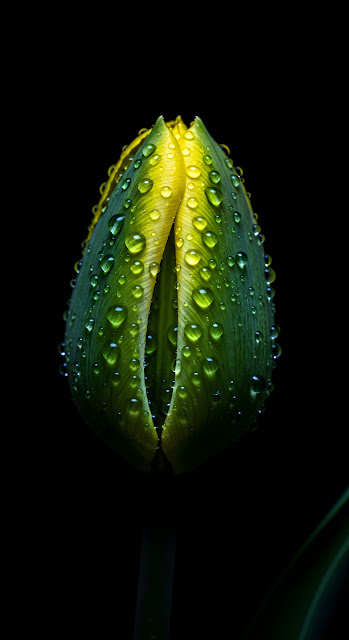Extreme Macro of a Green and Yellow Tulip Bud with Raindrops on a Dark Background - Free mobile Wallpaper