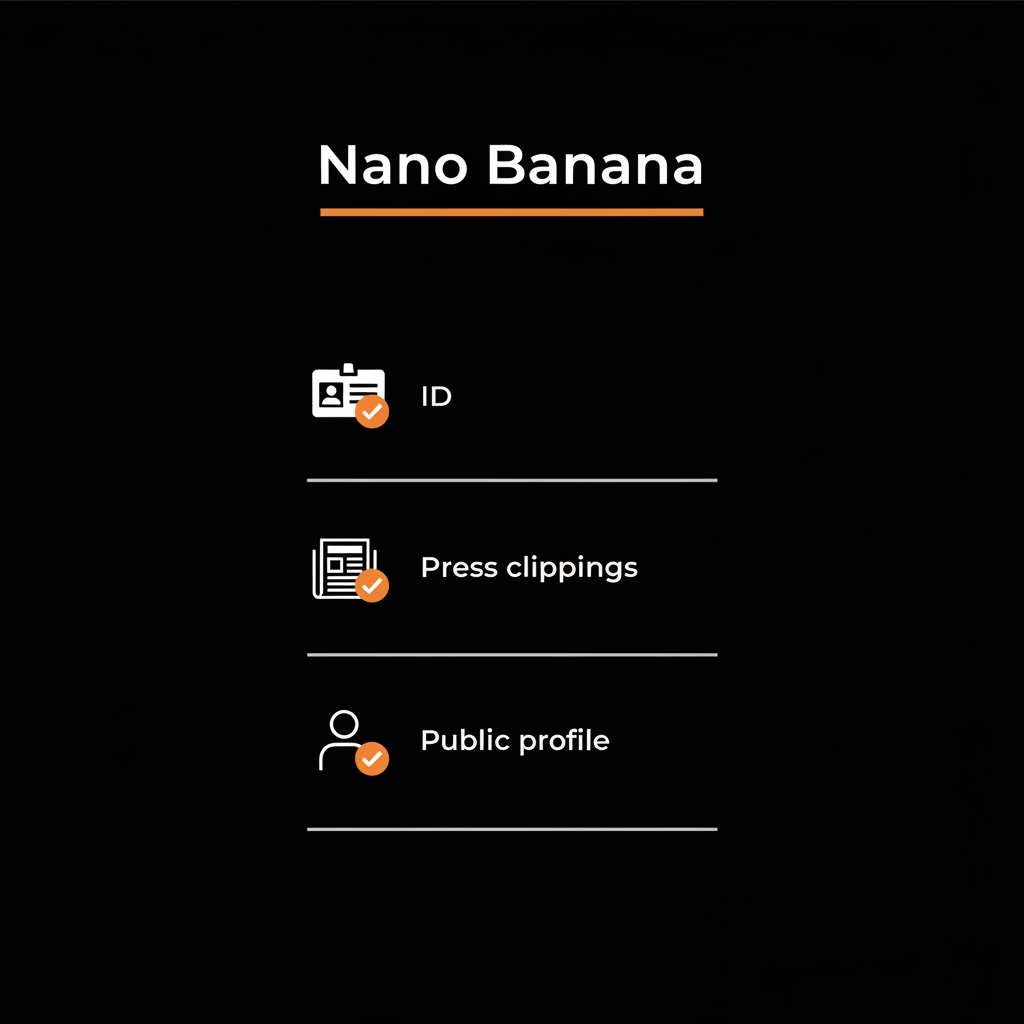 Minimal vector infographic checklist (ID, press clippings, public profile) on dark brand background, showing steps to obtain instagram blue tick free.