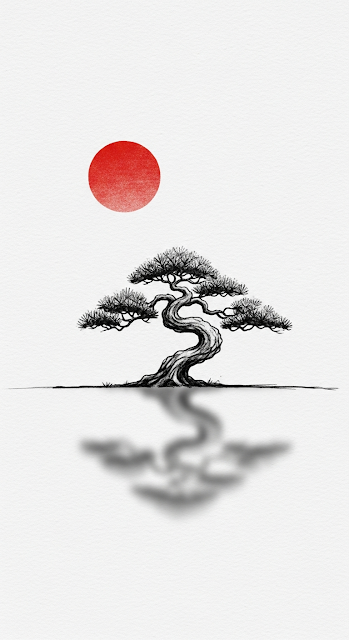 Minimalist Japanese Sumi-e Pine Tree Sketch with Red Sun - Free mobile Wallpaper