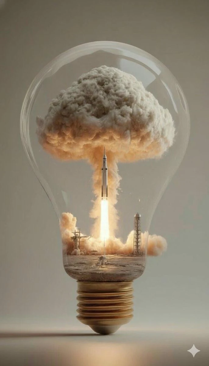 Una escena surrealista y onírica dentro de una gran bombilla de cristal transparente.