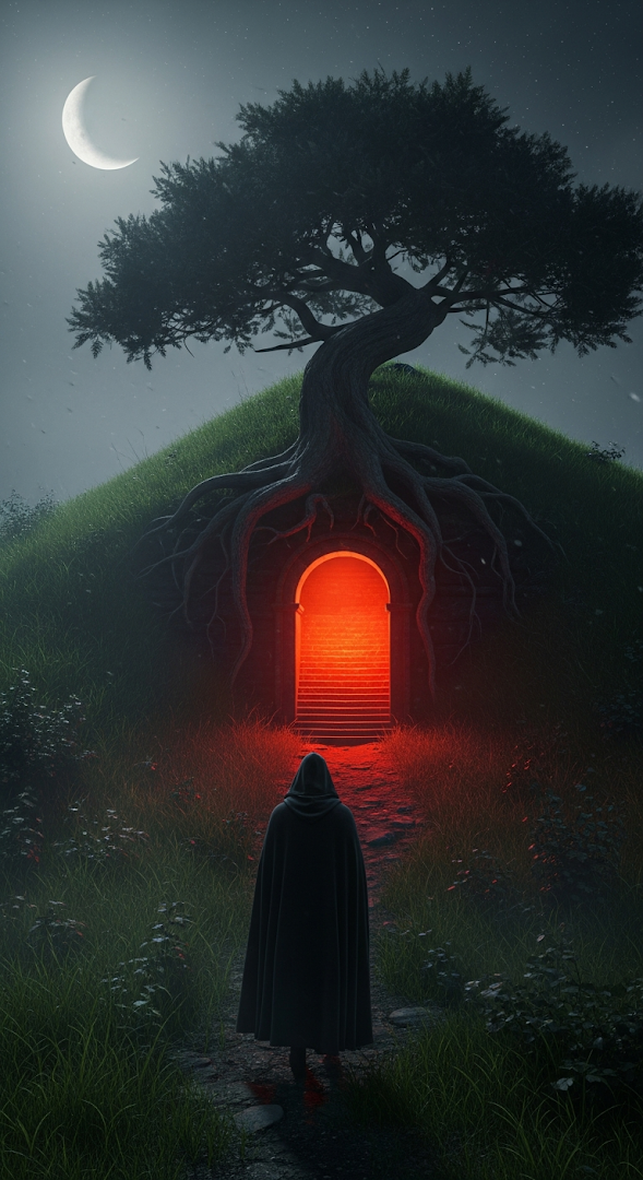 Dark Figure Approaching a Mystical Red Glowing Stairway Entrance in the Woods