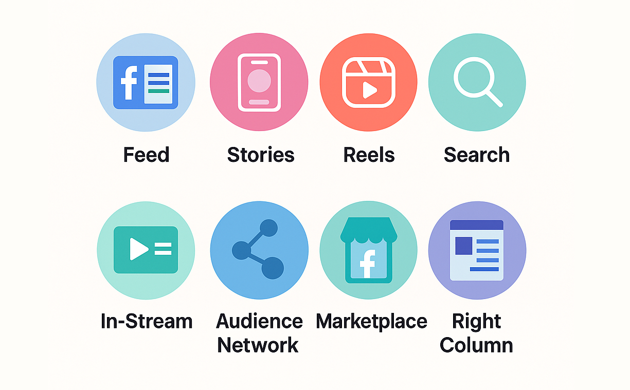 Graphic showing all Facebook ad placements including Feed, Stories, and Audience Network