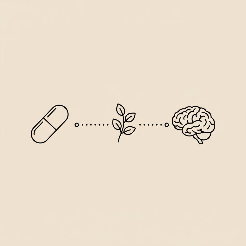 Minimalist Tonum-style line illustration of a capsule, Bacopa sprig, and brain connected by a dotted line — best natural nootropic
