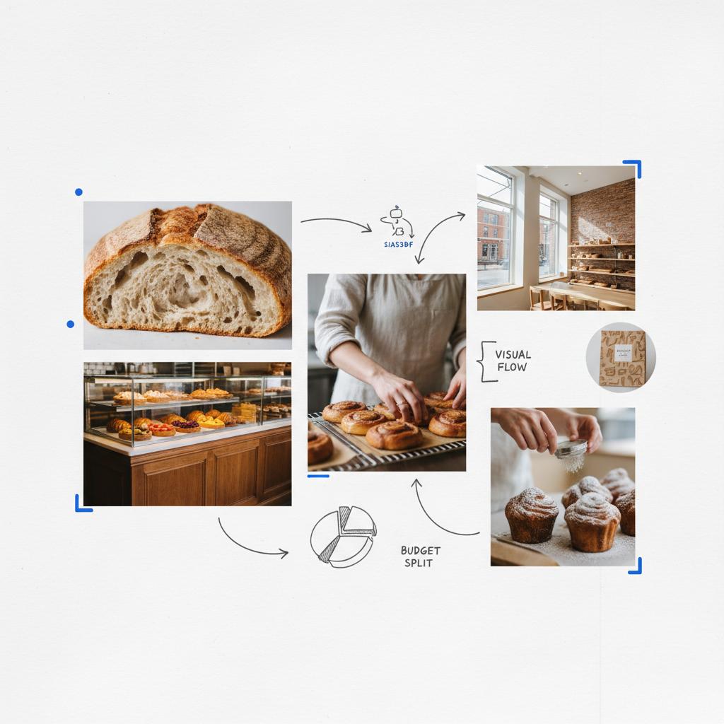Minimalist bakery moodboard of close-up loaves, shop counter details and hands arranging pastries on a white notebook-style layout with sketches and #1a5bfb accents for online presence