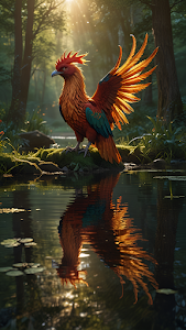 Radiant Mythical Rooster Phoenix Forest Pond Sunlight Reflection