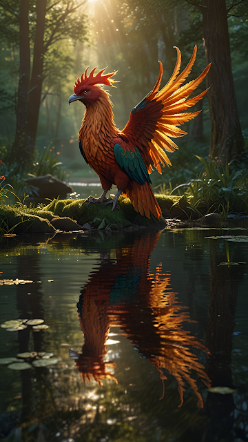 Radiant Mythical Rooster Phoenix Forest Pond Sunlight Reflection - Free mobile Wallpaper