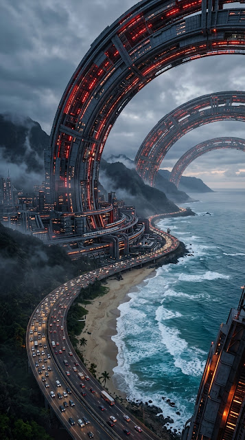 Sci-Fi Ring City Coastline Highway Digital Art - Free mobile Wallpaper
