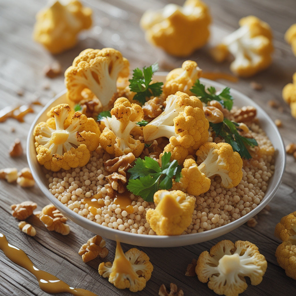 Turmeric-Roasted Cauliflower & Walnut Golden Couscous Power Bowl with Cinnamon Tahini Drizzle