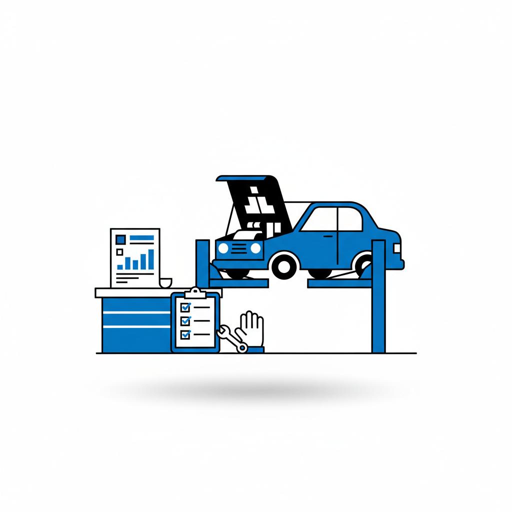 Minimalist 2D vector illustration of a car on a lift with a printed vehicle history report and a clipboard checklist in CarFax Deals colors representing vin lookup kbb