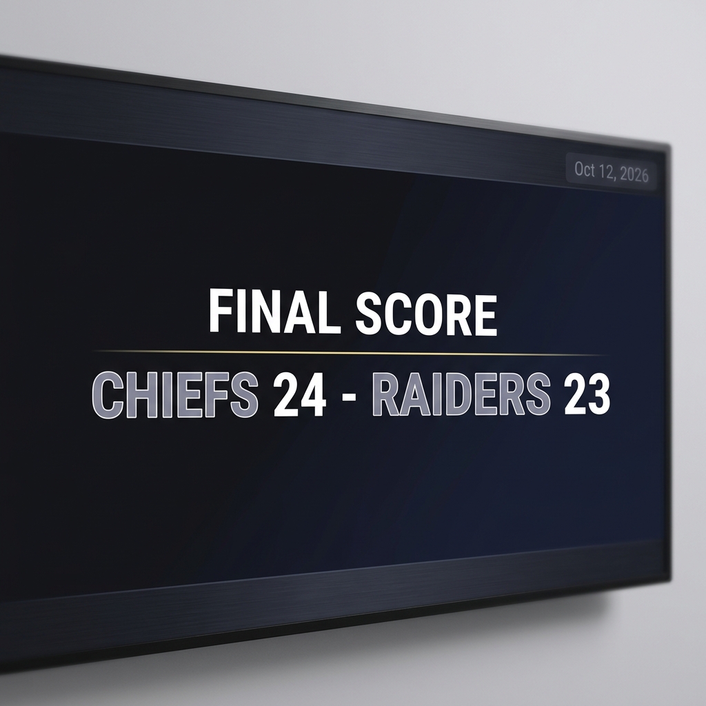 Close up full frame scoreboard showing a one score finish chiefs raiders prediction final 24 to 23 with a small date overlay minimalist layout on dark Funded Plays brand background