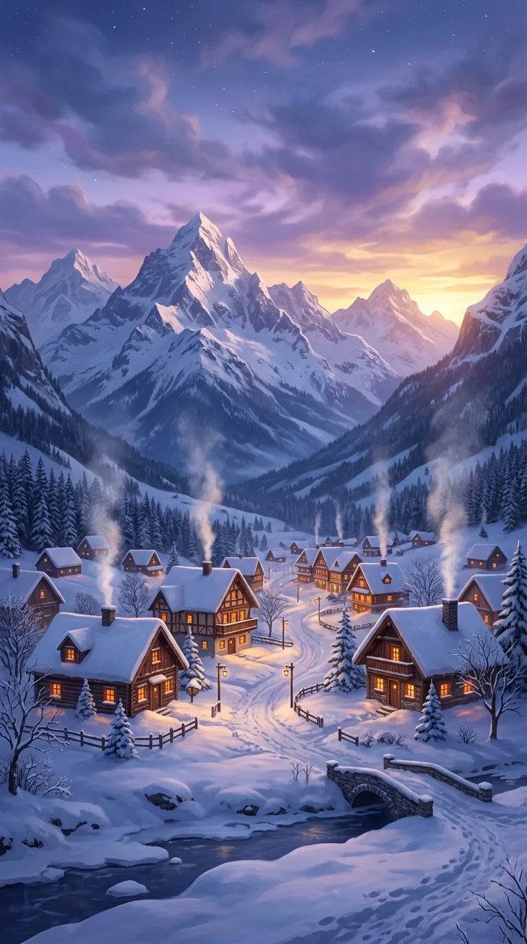 Snowy Mountain Village at Dusk with Purple Sky and Cozy Cabins - Free 4K mobile Wallpaper
