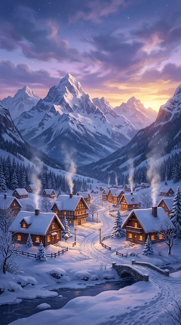 Snowy Mountain Village at Dusk with Purple Sky and Cozy Cabins - Free mobile Wallpaper