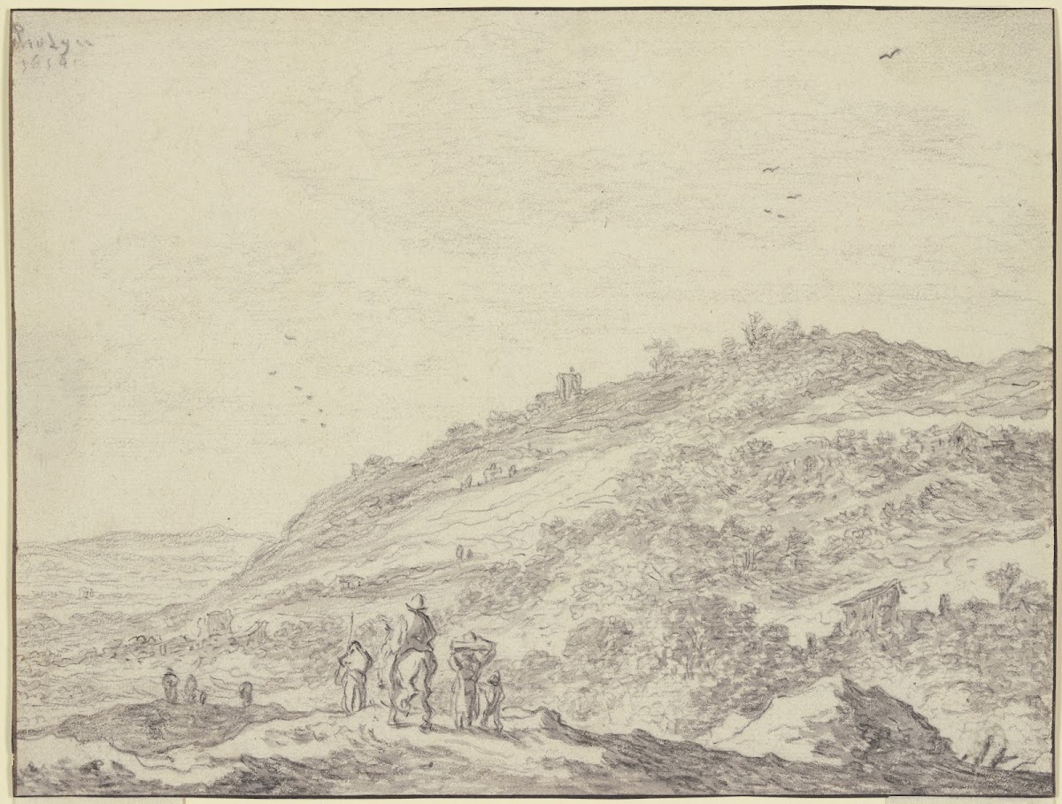 Hügelige Gegend im Vordergrund ein Reiter und einige Fußgänger ca 1638