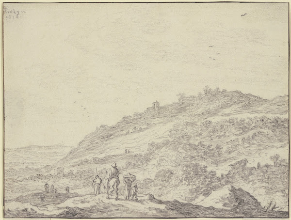 Hügelige Gegend im Vordergrund ein Reiter und einige Fußgänger ca 1638