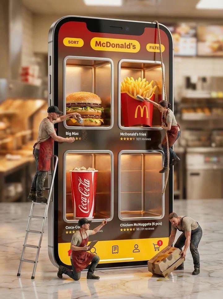 Escena publicitaria creativa ultrarrealista que muestra un teléfono inteligente gigante con la aplicación de pedidos de comida de McDonald's...