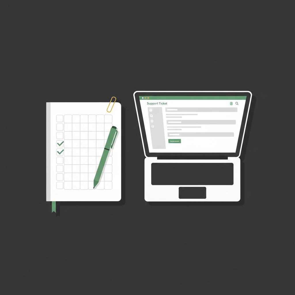 Minimal vector workspace flatlay with notebook checklist pen and laptop showing abstract support ticket UI no readable text why cant i withdraw my money out of coinbase