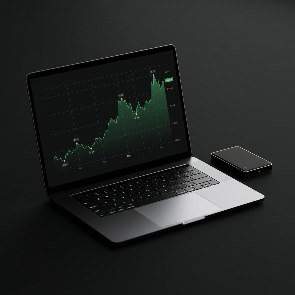 Close up laptop showing a crypto trading chart with a hardware wallet on a dark background with green and gold brand accents