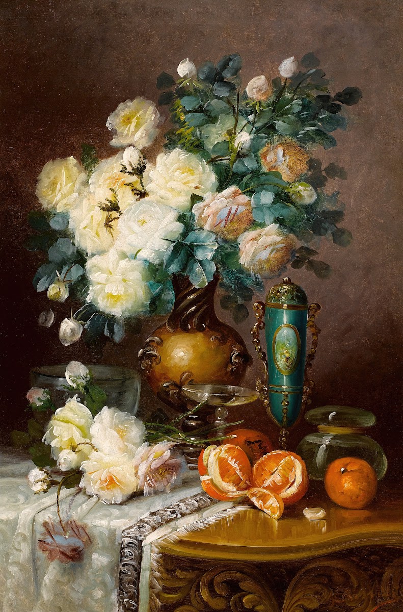 White Roses Oranges and Porcelain Urn on Draped Table