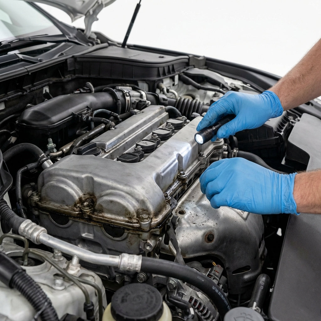 Close up of technician inspecting the Infiniti Q50 engine valve cover with visible oil residue on a clean white background CarFax Deals style infiniti q50 for sale