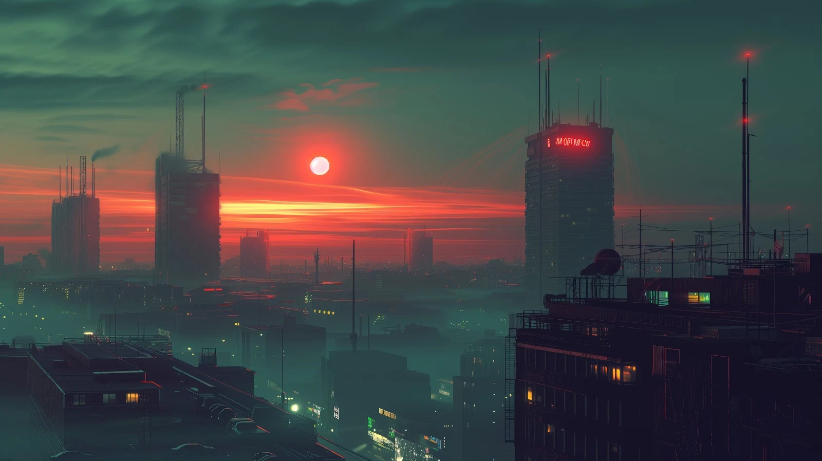A Stunning Ai Art, Illustration, Cityscape, Mist, Glowing 5K Desktop and Mobile Wallpaper Background (5824x3264)