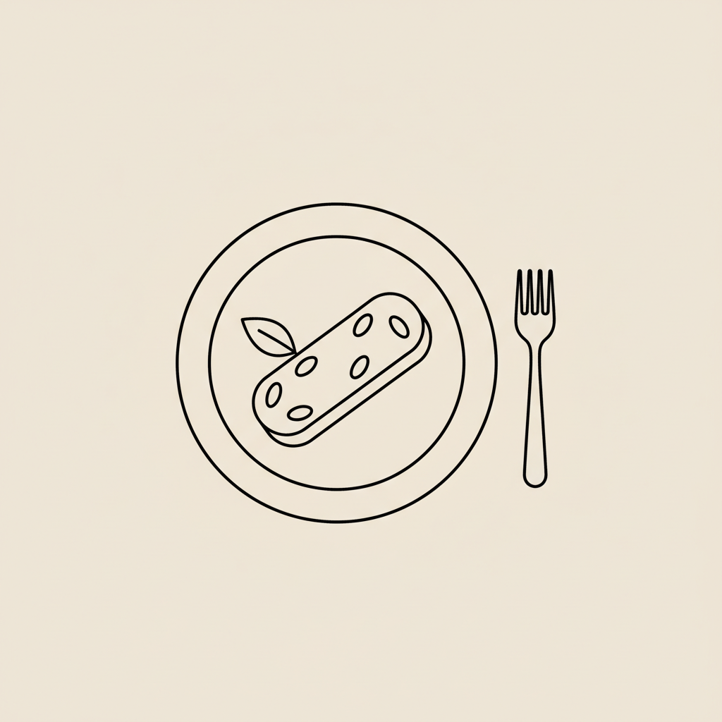 Minimalist Tonum-style line illustration of a plate with a fork and a stylized oat bar topped with a leaf, representing healthy meal replacement bars.