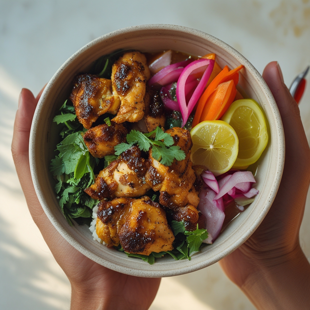 Final Crispy Za'atar Chicken Shawarma Protein Bowls with Lemon-Garlic Tahini & Quick Pickled Turnips