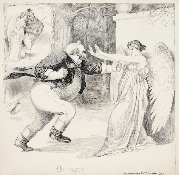 A fat man attacks a female angel in October He remembers her walking with him pe