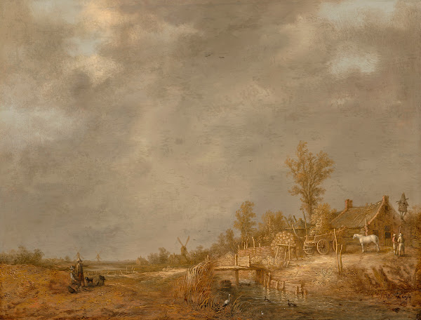 River landscape with travellers a horse and cart next to a barn and windmills in